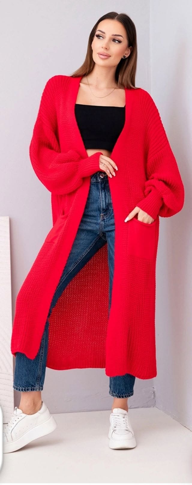 Red cardigan